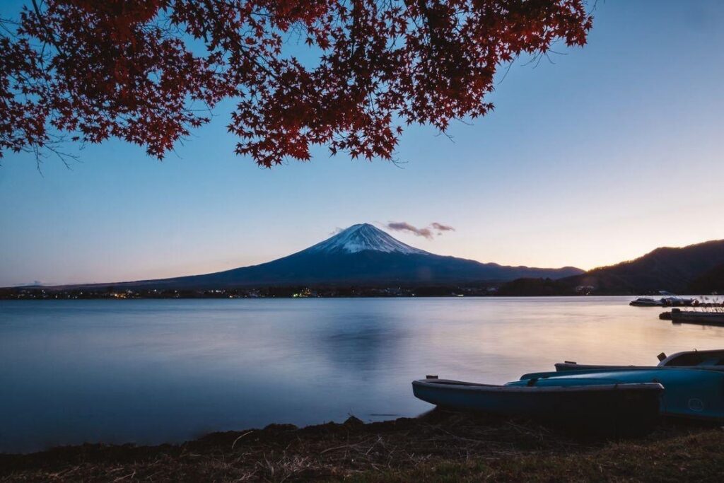 Mount Fuji at dusk over Lake Kawaguchiko.